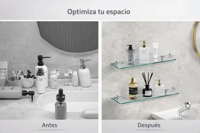 Las dos repisas de vidrio en uso en el baño